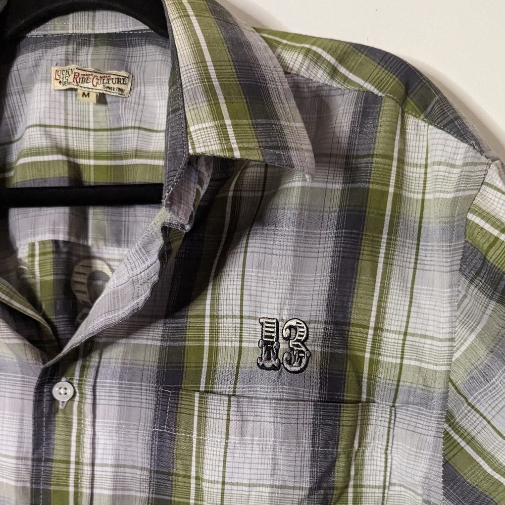 Lucky 13 zombie tiki button up shirt plaid green rockabilly retro pin up M L - Picture 6 of 12